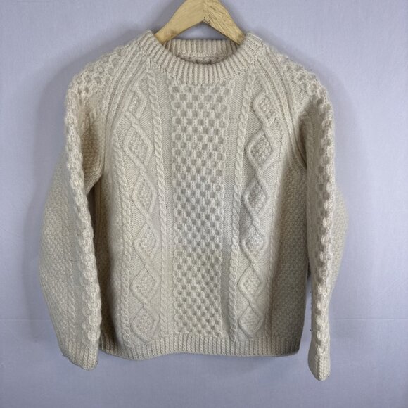 Vintage Aran Fisherman Sweater Cream Wool Cable Knit Women’s M/L Handknit - Picture 1 of 5